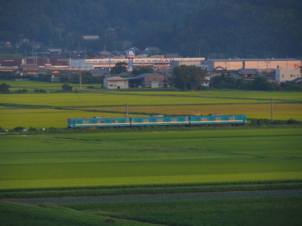 糸島：田園を走る青い電車
