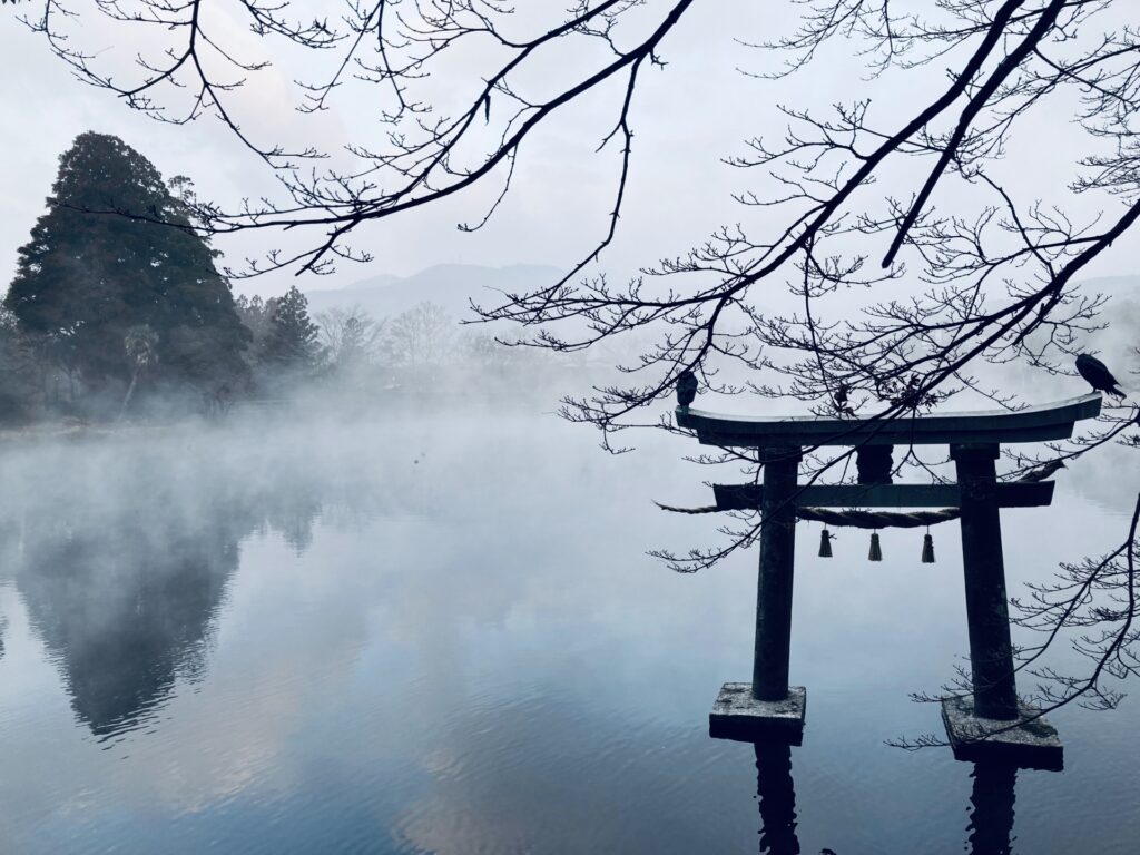 朝霧に包まれた金鱗湖