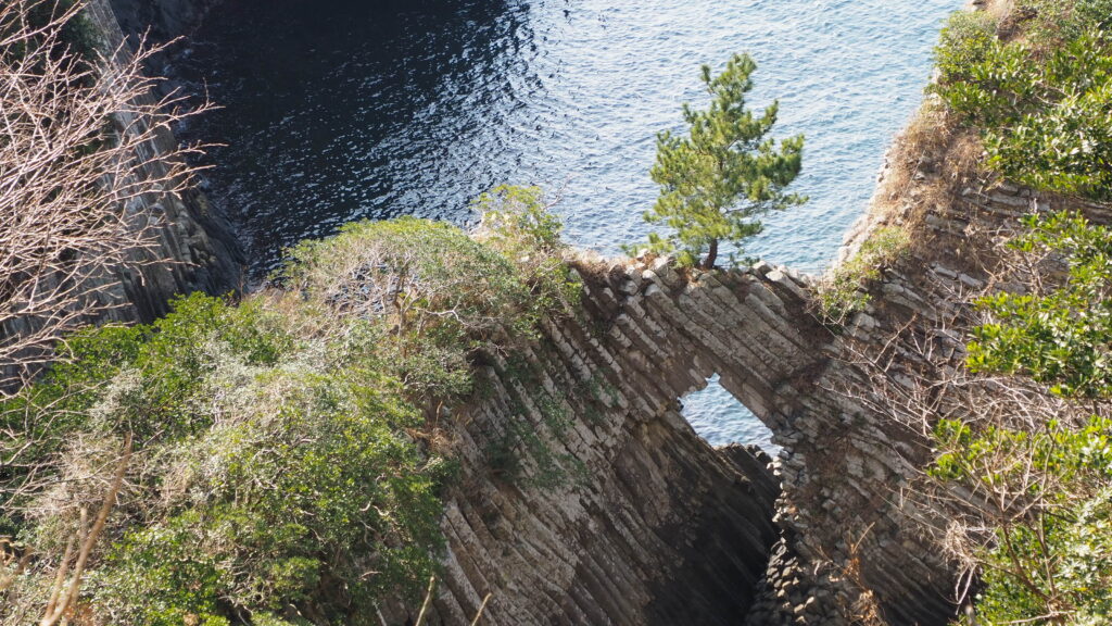 規則正しく並ぶ玄武岩の柱状節理と海