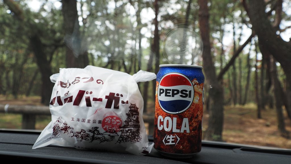 車内で撮影した唐津バーガーとペプシコーラ