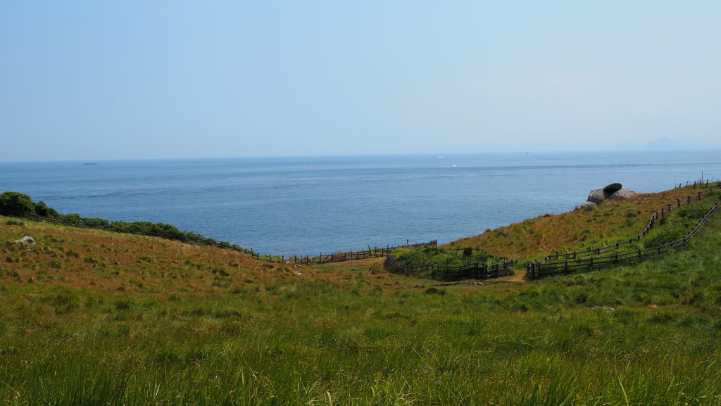 牧場の先に広がる海と島々。時間を忘れて眺めていたくなる景色です。