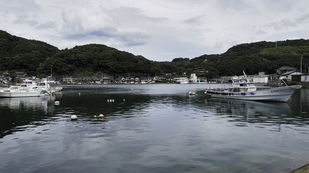 仮屋湾に浮かぶ漁船と山あいの漁村