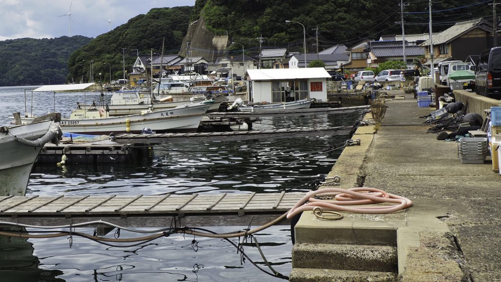 仮屋の漁港に並ぶ漁船と浮き桟橋